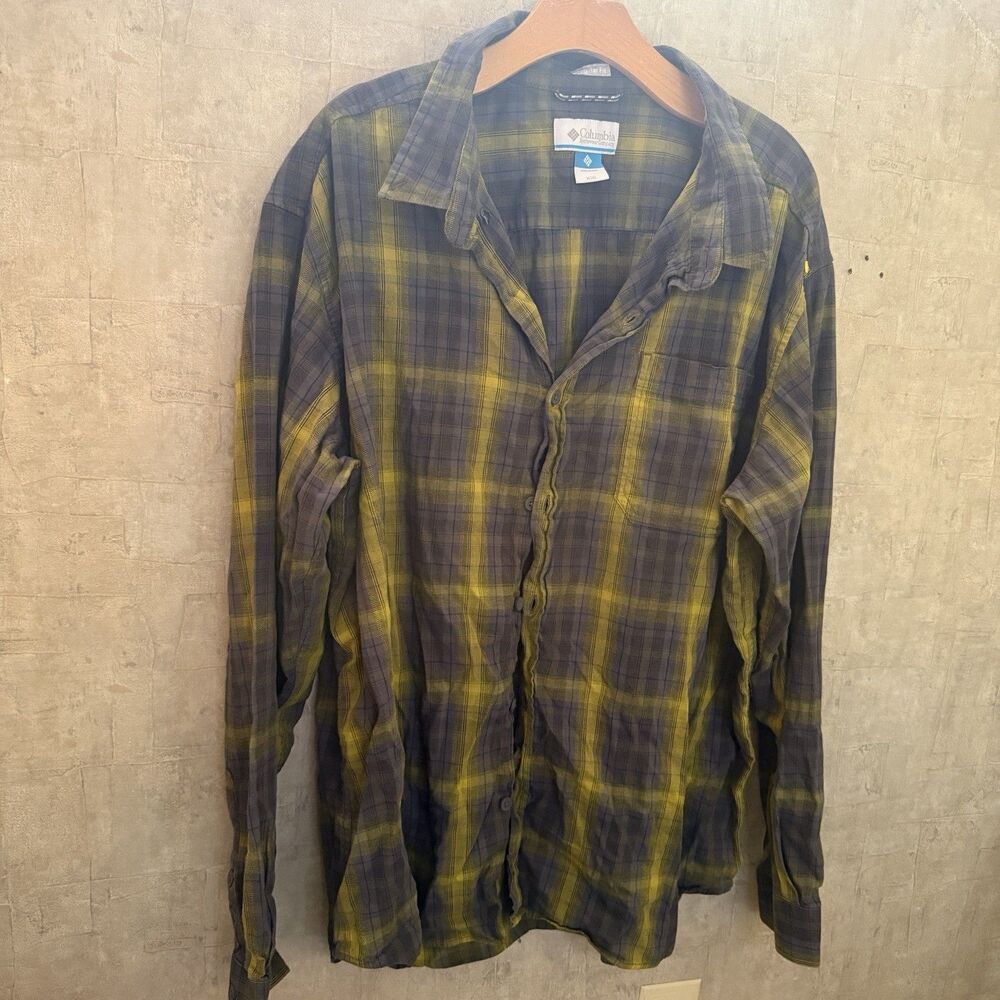 columbia men shirt xxl long sleeve Gray Yellow Button Up Plaid 2xl plus A4